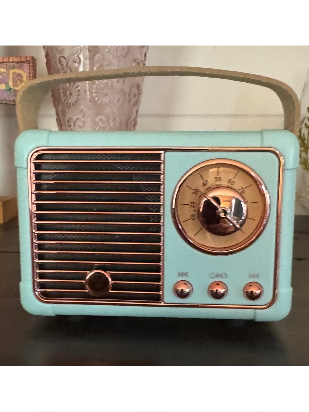 Retro Portable Bluetooth Speaker in Mint Green with Rose Gold Accents